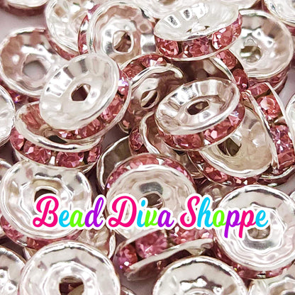 10mm - SET of 50 - PINK - Rhinestone Rondelle Crystal Round Loose Spacer Beads