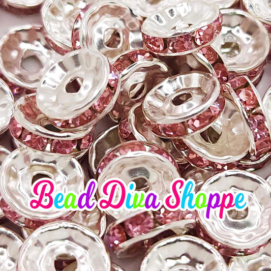 10mm - SET of 50 - PINK - Rhinestone Rondelle Crystal Round Loose Spacer Beads