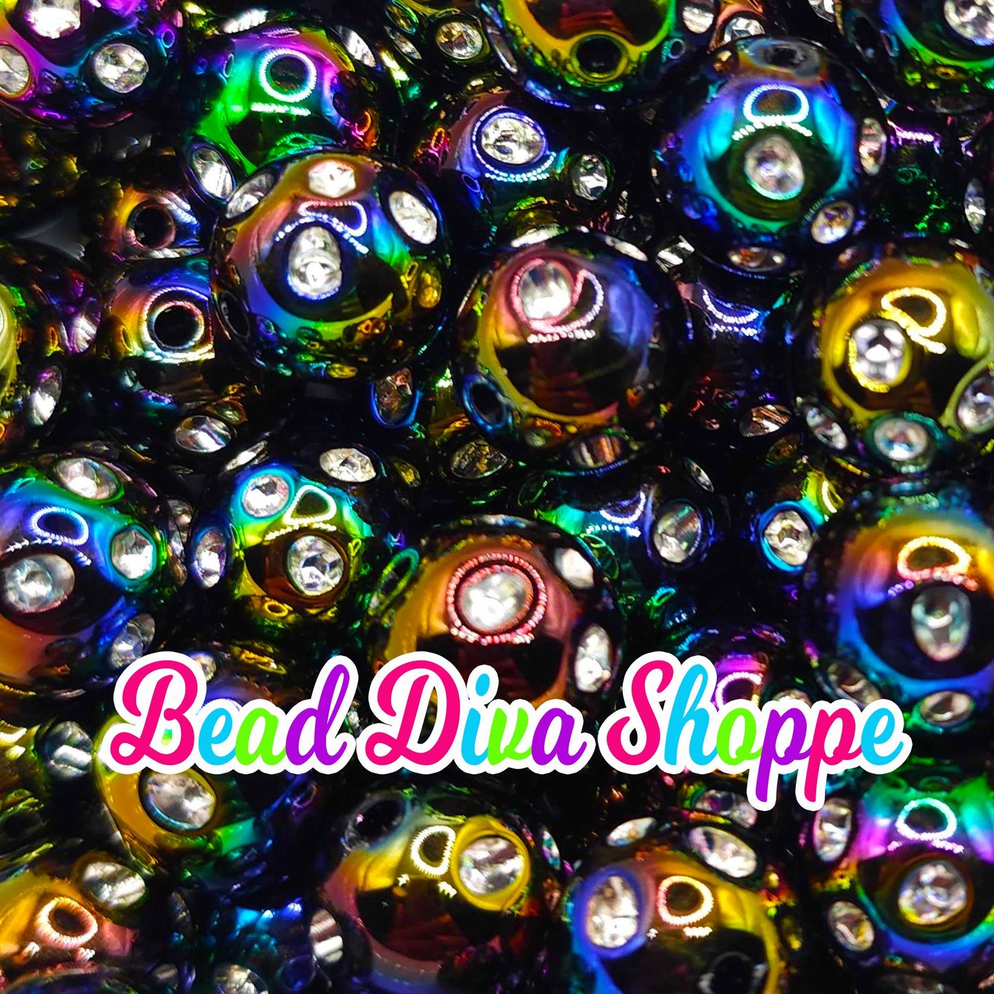 Set of 10 - 16mm - BLACK RHINESTONE AB - Acrylic Beads- Bubblegum - Chunky - Round Acrylic Beads for Diy and Jewelry Supplies