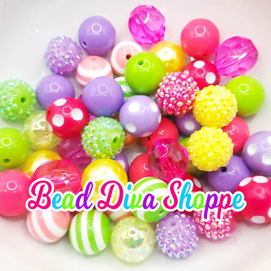 set of 24 - 20mm - PURPLE / HOT Pink / Lime / YELLOW - Bead Mix - Bubblegum - Round Acrylic Beads for Diy and Jewelry Making Supplies