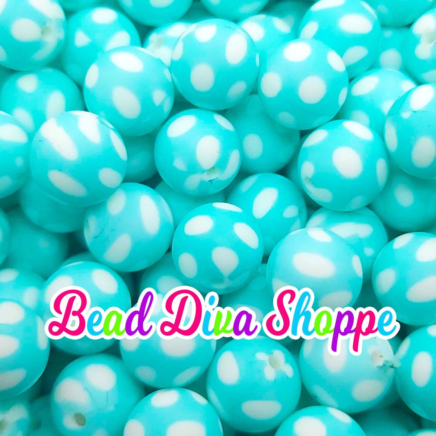 Set of 10 - 15mm - TURQUOISE / WHITE POLKADOTS - Round Silicone Beads - Diy Jewelry Making - Beaded Pens - Keychains - Bracelets
