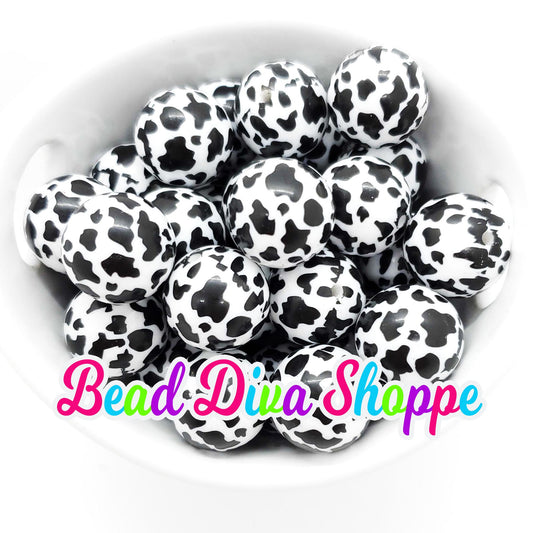 20mm - BLACK WHITE COW Print Beads - Bubblegum - Round Acrylic Beads for Diy and Jewelry Making Supplies