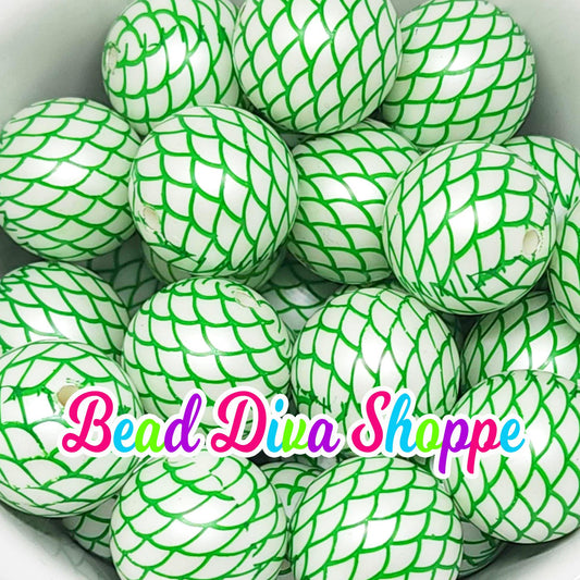 20mm - GREEN MERMAID SCALES Print Beads - Bubblegum - Round Acrylic Beads for Diy and Jewelry Making Supplies