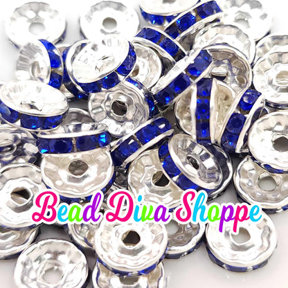 10mm - SET of 50 - BLUE - Rhinestone Rondelle Crystal Round Loose Spacer Beads