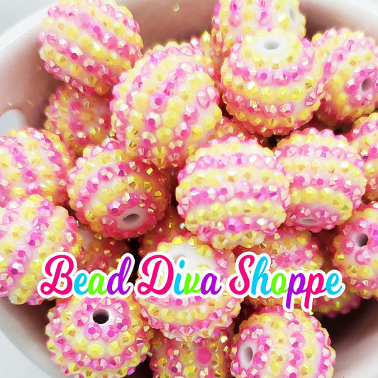 20mm - YELLOW / PINK STRIPES - Ab Rhinestone Beads  - Bubblegum - Chunky - Round Acrylic Beads for Diy and Jewelry Making Supplies
