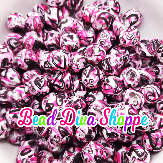 Set of 10 - 15mm -  BLACK/PINK HEART Tattoo Print - Round Silicone Beads - Diy Jewelry Making - Beaded Pens - Keychains - Bracelets