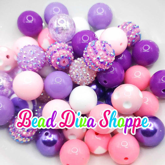 Set of 24 - 20mm - PURPLE / PINK / WHITE Mix - Bead Mix - Bubblegum - Round Acrylic Beads for Diy and Jewelry Making Supplies