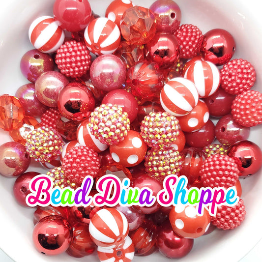 Set of 24 - 20mm - RED / WHITE - Mix - Bead Lot -  Bead Mix - Bubblegum - Round Acrylic Beads for DIY and Jewelry Making Supplies