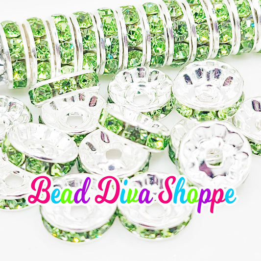 10mm - SET of 50 - LIME GREEN - Rhinestone Rondelle Crystal Round Loose Spacer Beads