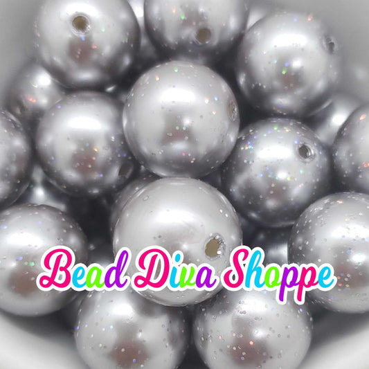20mm - SILVER PEARL GLITTER - Bubblegum - Round Acrylic Beads for Diy and Jewelry Making Supplies