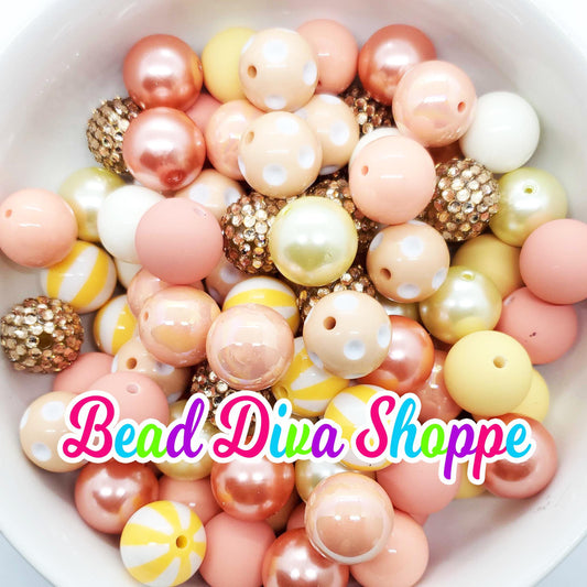 Set of 24 - 20mm - CORAL / GOLD / WHITE -  Mix - Bead Lot -  Bead Mix - Bubblegum - Round Acrylic Beads for Diy and Jewelry Making Supplies