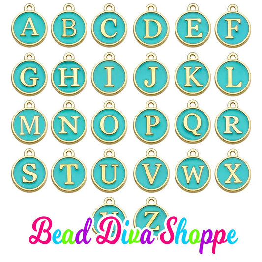 12mm - Set of 26 - A-Z MINT Green ALPHABET LETTERS -  Charm Beads - Diy - Jewelry - Beaded Pens - Charms - Keychains - Bracelets