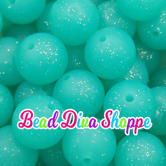 Set of 10 - 15mm - TURQUOISE GLITTER - Solid Silicone Beads - Diy Jewelry Making - Beaded Pens - Keychains - Bracelets