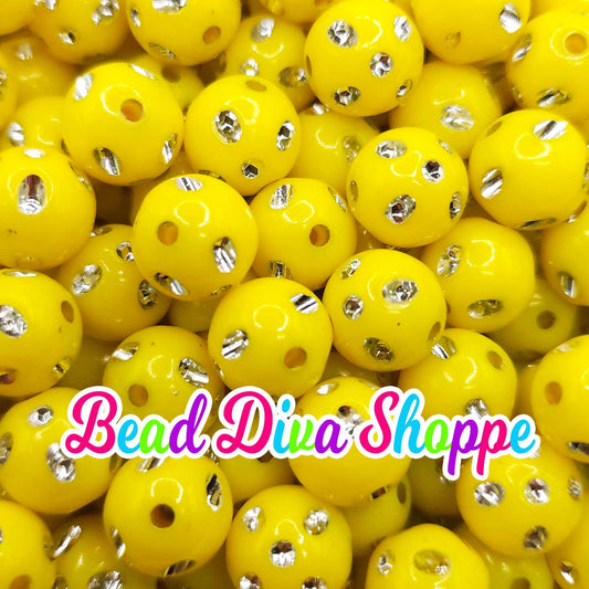12mm - Set of 50 - YELLOW Bling Beads - Bubblegum - Rhinestone -   Acrylic Beads for DIY and Jewelry Making Supplies