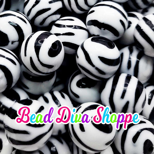 20mm - BLACK / WHITE ZEBRA Print Beads - Bubblegum - Round Acrylic Beads for Diy and Jewelry Making Supplies