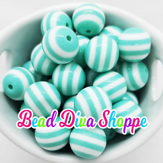 20mm - MINT / WHITE STRIPES - Bubblegum Beads - Round Acrylic Beads for Diy and Jewelry Making Supplies