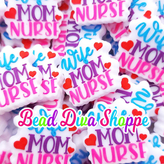Set of 2 - 28mm x 27mm - WIFE MOM NURSE -  Focal  Beads - Diy Jewelry Making - Beaded Pens - Keychains - Bracelets
