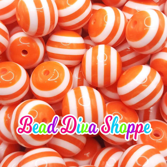 20mm - ORANGE / WHITE STRIPES - Bubblegum Beads - Round Acrylic Beads for Diy and Jewelry Making Supplies