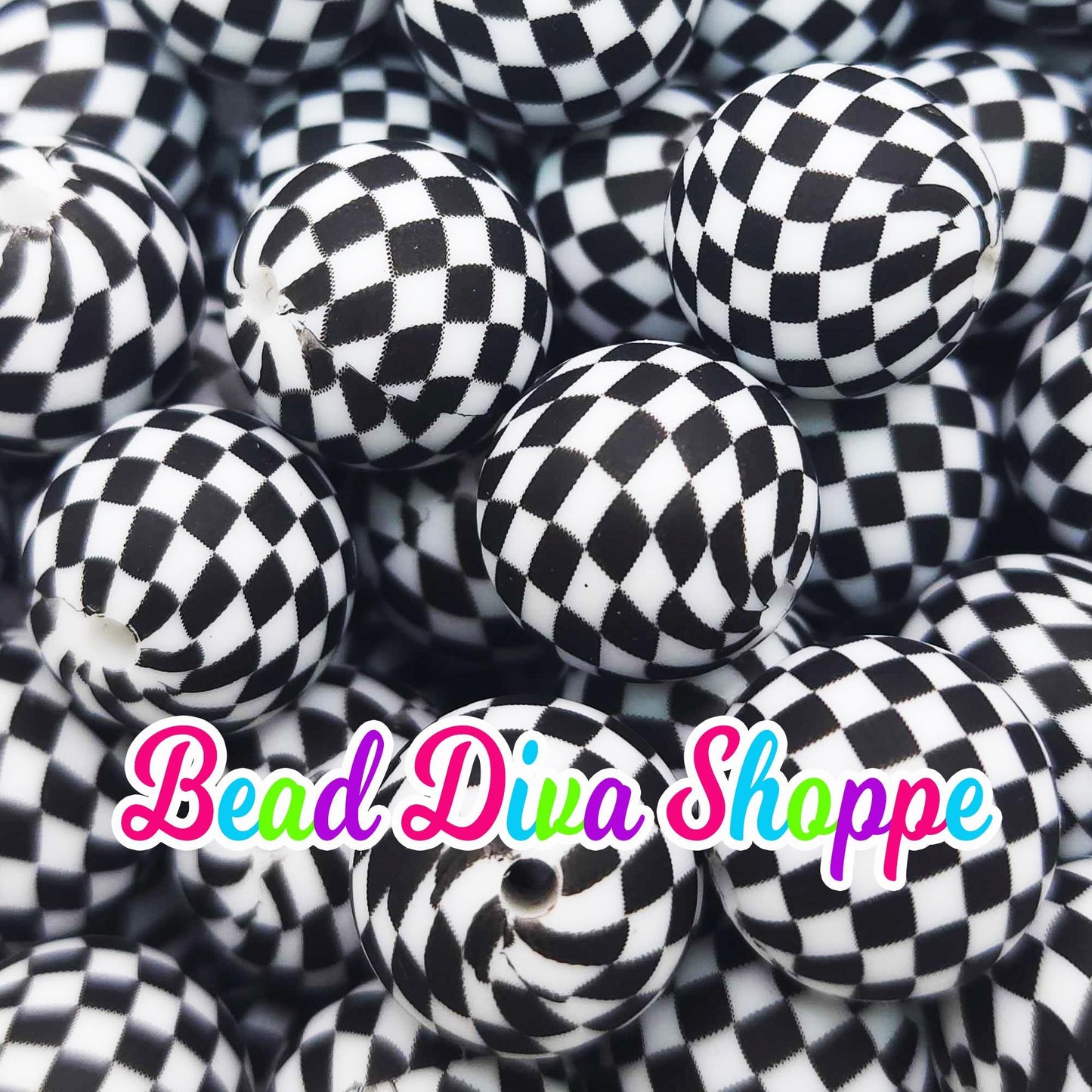 Set of 10 - 15mm - BLACK CHECKERED - Round Silicone Beads for Diy and Jewelry Making Supplies - Key Chains - Beaded Pens