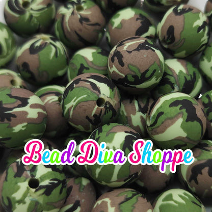 Set of 10 - 15mm - GREEN CAMO - Round Silicone Beads for Diy and Jewelry Making Supplies - Keychains - Beaded Pens