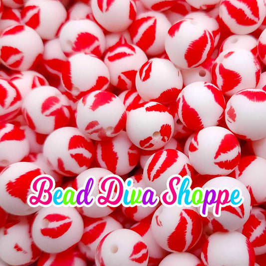 Set of 10 - 15mm - RED LIPS KISS - Round Silicone Beads - Diy Jewelry Making - Beaded Pens - Keychains - Bracelets