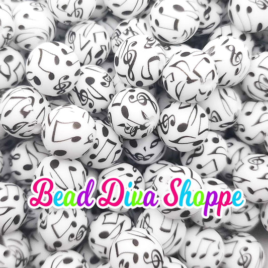 Set of 10 - 15mm - MUSIC NOTES - Round Silicone Beads - Diy Jewelry Making - Beaded Pens - Keychains - Bracelets