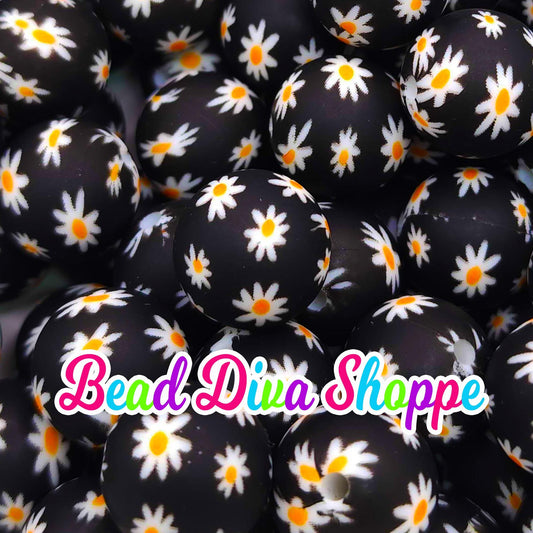 Set of 10 - 15mm - SWEET DAISY - Round Silicone Beads for Diy and Jewelry Making Supplies - Keychains - Beaded Pens