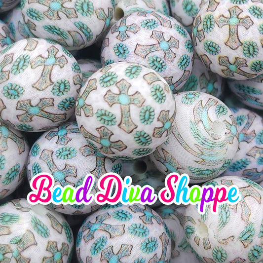 Set of 10 - 15mm - WESTERN CROSS & TURQUOISE - Round Silicone Beads for Diy and Jewelry Making Supplies - Keychains - Beaded Pens