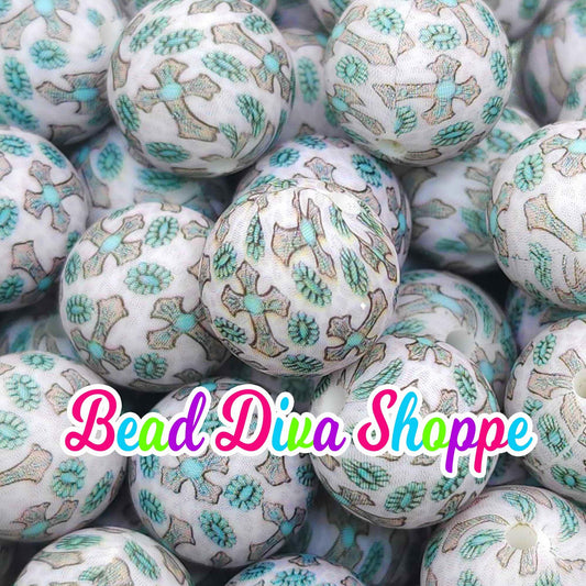 Set of 10 - 15mm - WESTERN CROSS & TURQUOISE - Round Silicone Beads for Diy and Jewelry Making Supplies - Keychains - Beaded Pens