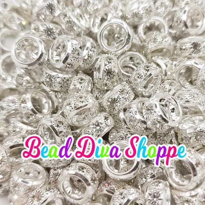 12mm - SET of 10 - SILVER CLEAR -  Big Holes Crystal Rhinestone Spacer Rondelles Bead for Diy and Jewelry Making Supplies