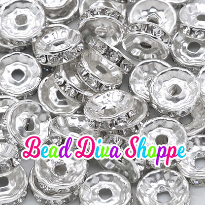 10mm - SET of 50 - SILVER CLEAR - Rhinestone Rondelle Crystal Round Loose Spacer Beads