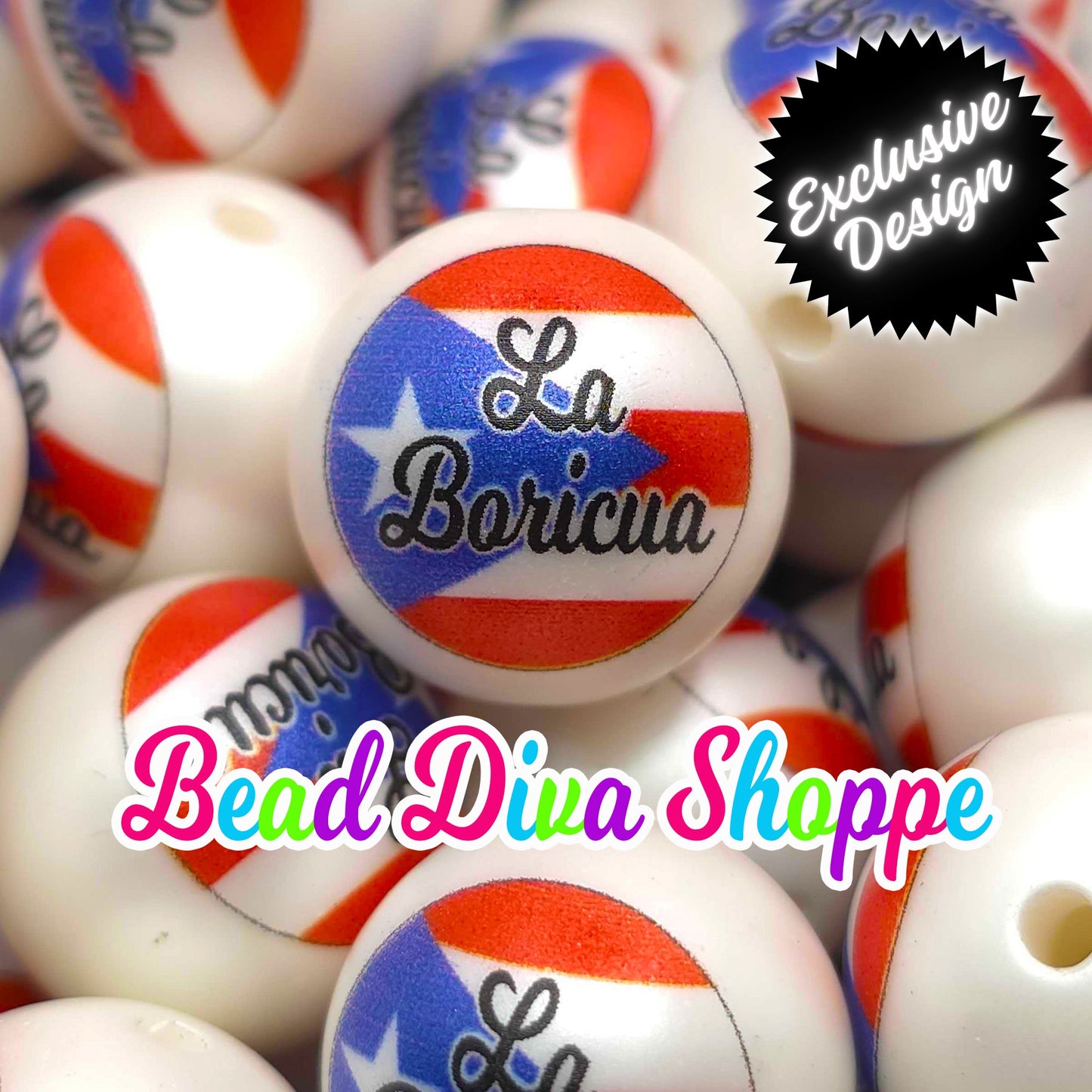EXCLUSIVE - Set of 10 - 20mm - LA BORICUA Flag - on White Acrylic Beads - Diy Jewelry Making - Beaded Pens - Keychains - Bracelets