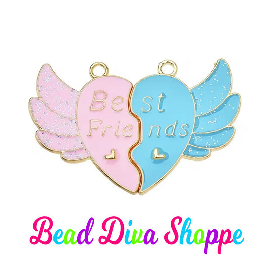 2 - Pieces - 29mmX24mm - BEST FRIENDS - Pink/Blue Glitter Charms - Beads - Diy - Jewelry - Beaded Pens - Keychains - Bracelets - Cup Charms
