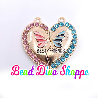 2 - Pieces - 31mmX30mm - BEST FRIENDS - Rhinestones - Pink/Blue Butterfly Charms - Beads - Diy - Jewelry - Beaded Pens - Keychains