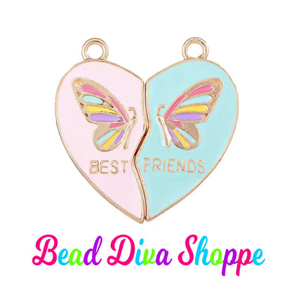 2 - Pieces - 29mmX30mm - BEST FRIENDS with RHINESTONES Charms - Pink/Blue - Butterflies - Jewelry - Beaded Pens -  Bracelets - Cup Charms