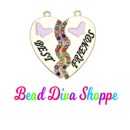 2 - Pieces - 33mmX32mm - BEST FRIENDS with RHINESTONES Charms - Pink/Blue - Butterflies - Jewelry - Beaded Pens -  Bracelets - Cup Charms