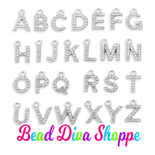 Set of 26 - A-Z - 12mm - SILVER RHINESTONE ALPHABET -  Charms - Beads - Diy - Jewelry - Beaded Pens - Keychains
