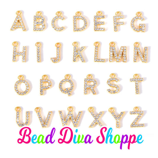 Set of 26 - A-Z - 12mm - GOLD RHINESTONE ALPHABET -  Charms - Beads - Diy - Jewelry - Beaded Pens - Keychains