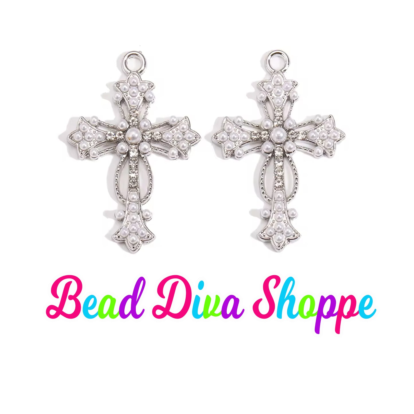 Set of 2 - 27mm x 22mm - PEARL SILVER CROSS with Rhinestones Charms - Beads - Diy - Jewelry - Beaded Pens - Keychains - Bracelets