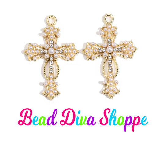 Set of 2 - 27mm x 22mm - PEARL SILVER CROSS with Rhinestones Charms - Gold - Beads - Diy - Jewelry - Beaded Pens - Keychains - Bracelets