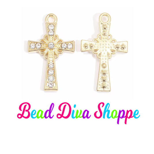 Set of 2 - 21mm x 15mm - GOLD BURST CROSS w/Rhinestones - Beads - Diy - Jewelry - Beaded Pens - Keychains - Bracelets