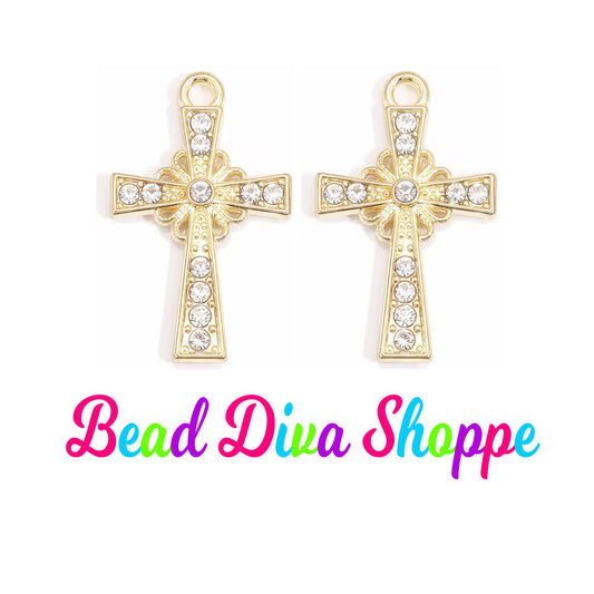 Set of 2 - 21mm x 15mm - GOLD BURST CROSS w/Rhinestones - Beads - Diy - Jewelry - Beaded Pens - Keychains - Bracelets
