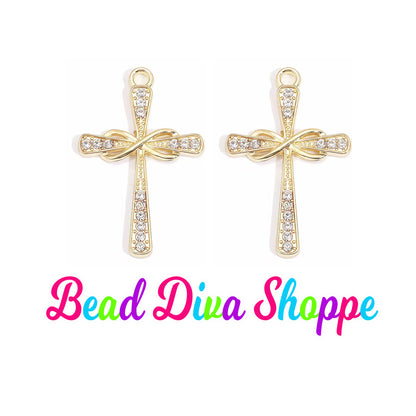 Set of 2 - 27mm x 19mm - GOLD ETERNITY CROSS w/Rhinestones - Beads - Diy - Jewelry - Beaded Pens - Keychains - Bracelets