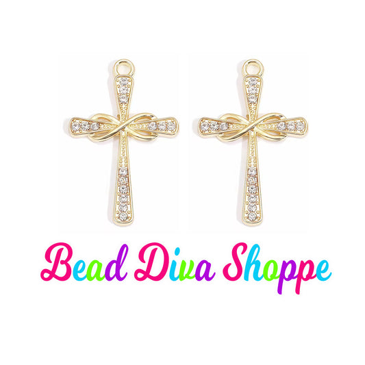 Set of 2 - 27mm x 19mm - GOLD ETERNITY CROSS w/Rhinestones - Beads - Diy - Jewelry - Beaded Pens - Keychains - Bracelets