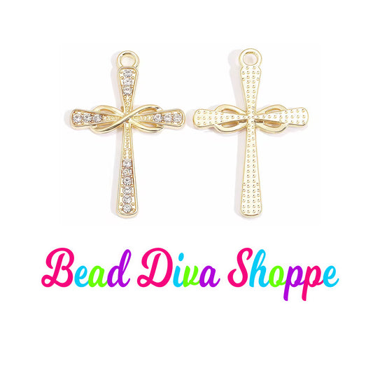Set of 2 - 27mm x 19mm - GOLD ETERNITY CROSS w/Rhinestones - Beads - Diy - Jewelry - Beaded Pens - Keychains - Bracelets