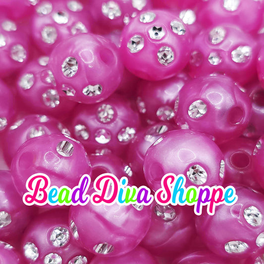 Set of 10 - 16mm - Hot PINK RHINESTONE PEARL - Acrylic Beads- Bubblegum - Chunky - Round Acrylic Beads for Diy and Jewelry Supplies