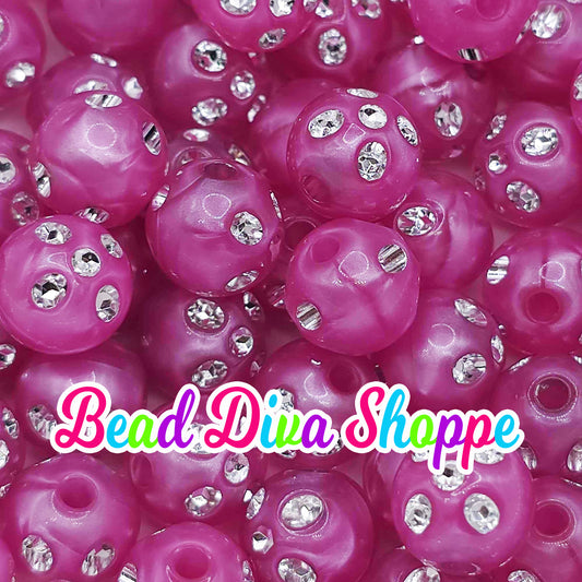 Set of 10 - 12mm - Hot PINK RHINESTONE PEARL - Acrylic Beads- Bubblegum - Chunky - Round Acrylic Beads for Diy and Jewelry Supplies