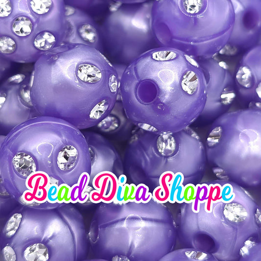 Set of 10 - 16mm - PURPLE RHINESTONE PEARL - Acrylic Beads- Bubblegum - Chunky - Round Acrylic Beads for Diy and Jewelry Supplies