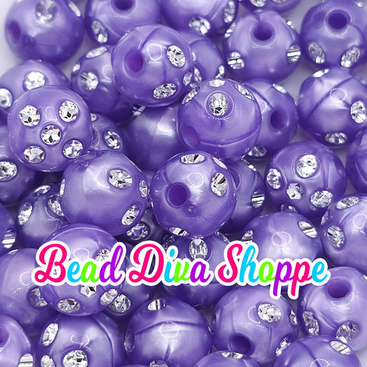 Set of 10 - 12mm - PURPLE RHINESTONE PEARL - Acrylic Beads- Bubblegum - Chunky - Round Acrylic Beads for Diy and Jewelry Supplies