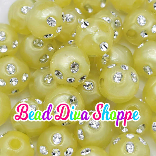 Set of 10 - 12mm - YELLOW RHINESTONE PEARL - Acrylic Beads- Bubblegum - Chunky - Round Acrylic Beads for Diy and Jewelry Supplies